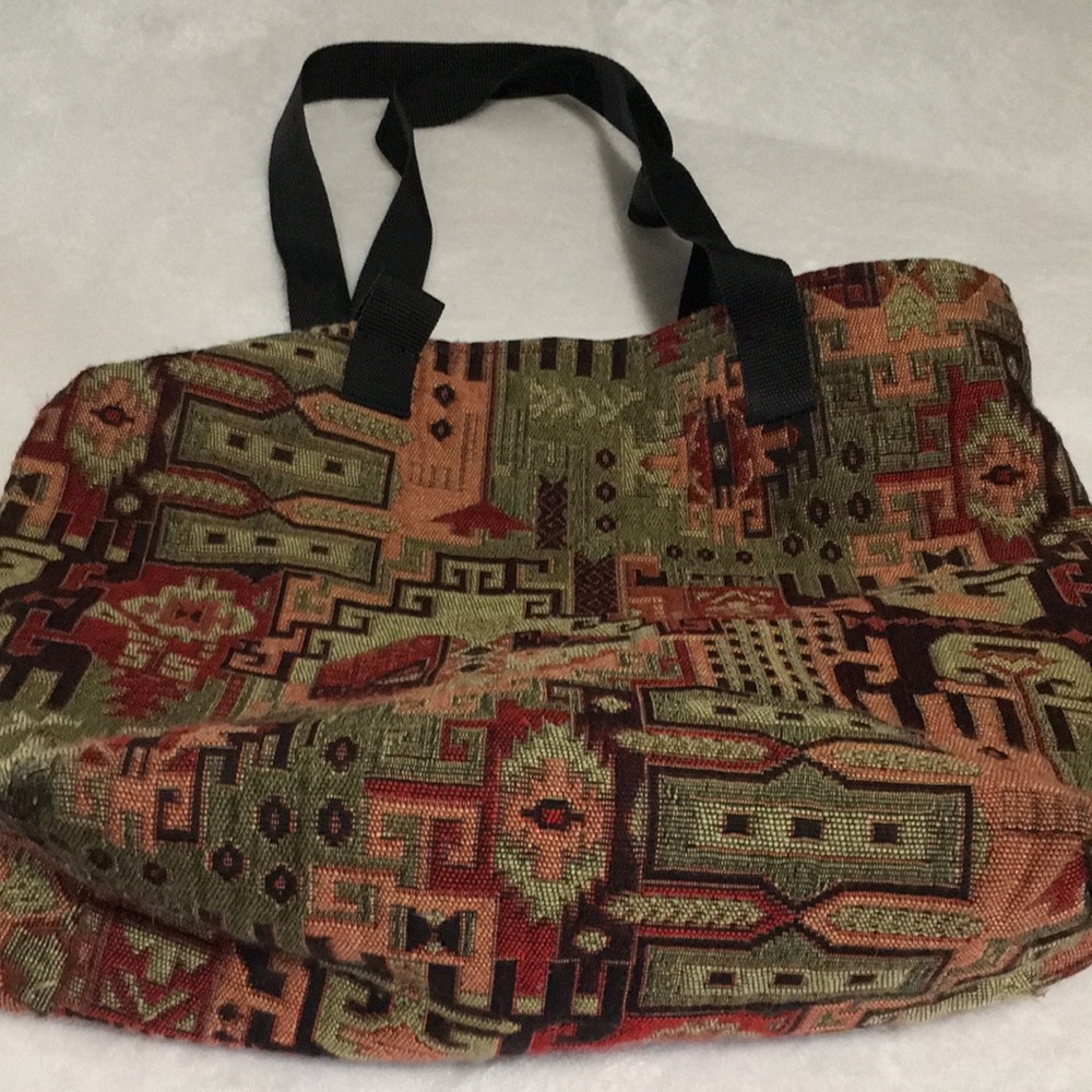 Tapestry look satchel bag with black handles inside zip pocket made in Turkey